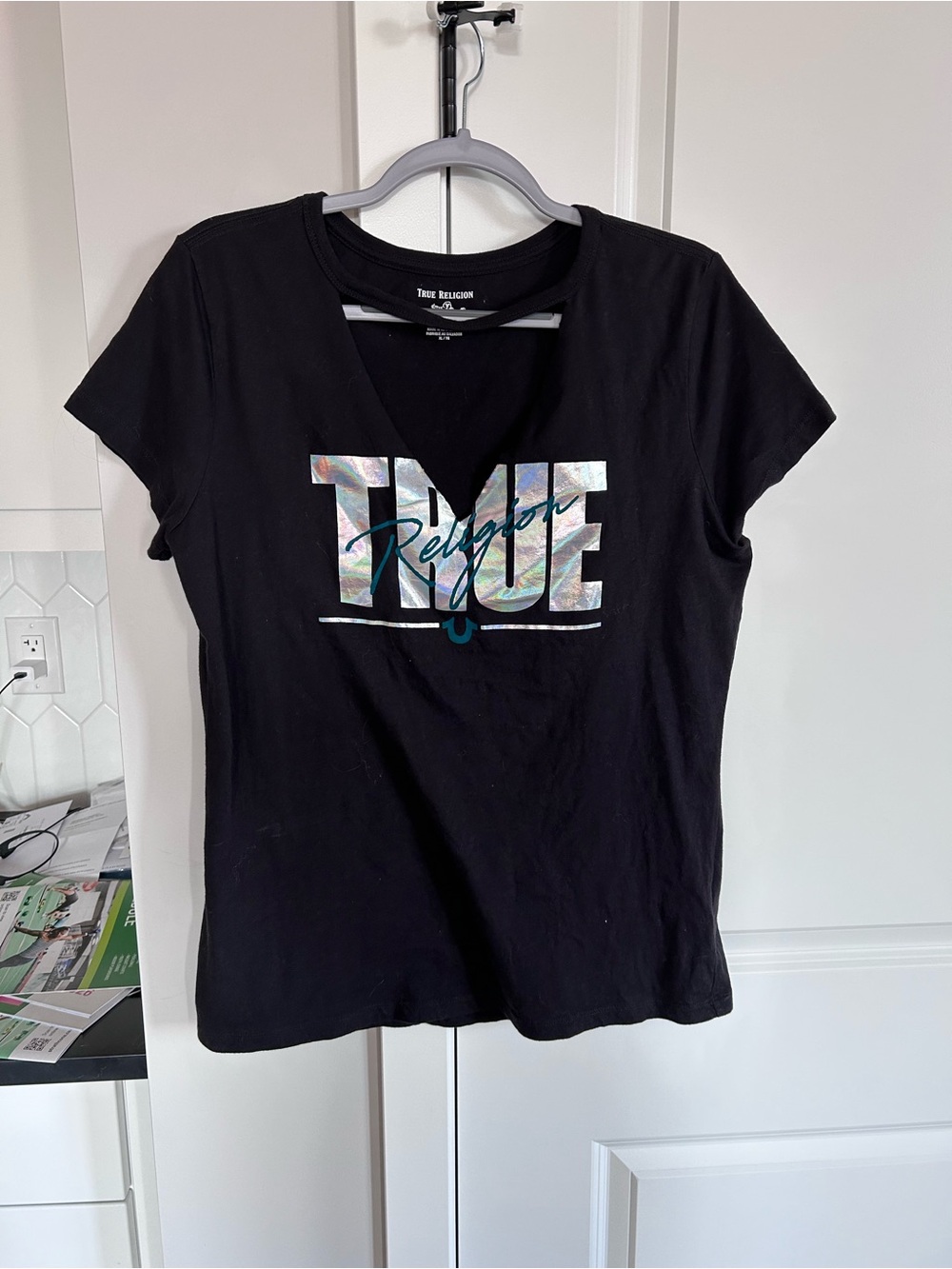 NWT True Religion Black V-Neck Tee with Holographic TRUE Logo Graphic Top